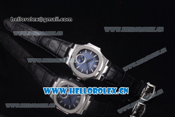 Patek Philippe Nautilus Miyota 9015 Automatic Steel Case with Blue Dial Black Leather Strap and Stick Markers - Click Image to Close